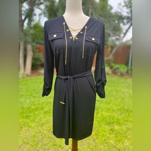 Michael Kors Black Gold-Accent Lace-Up Belted Dress